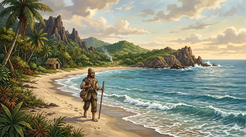 Cover illustration for Robinson Crusoe, a classic novel adapted for language learners