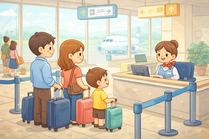 A traveler checking in at an airport counter with luggage