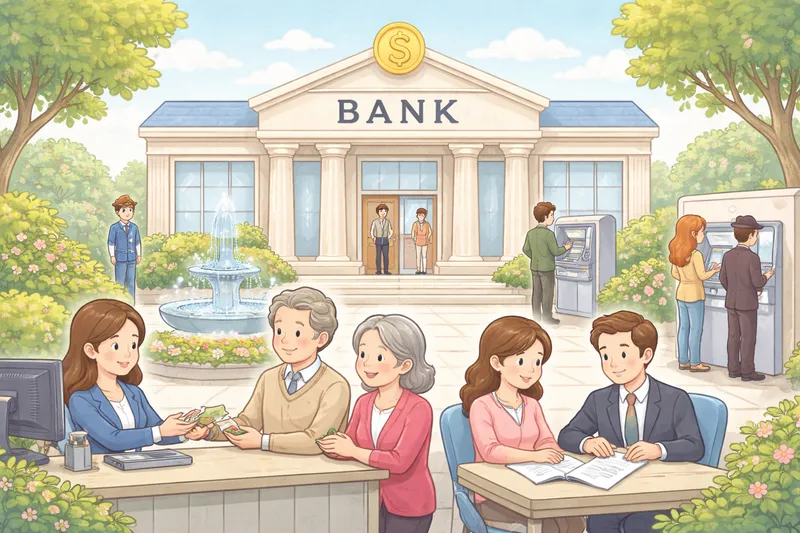 A person at a bank counter speaking with a teller