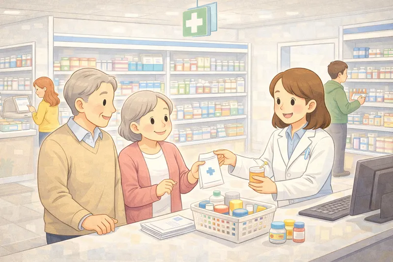A customer picking up medicine at a pharmacy counter