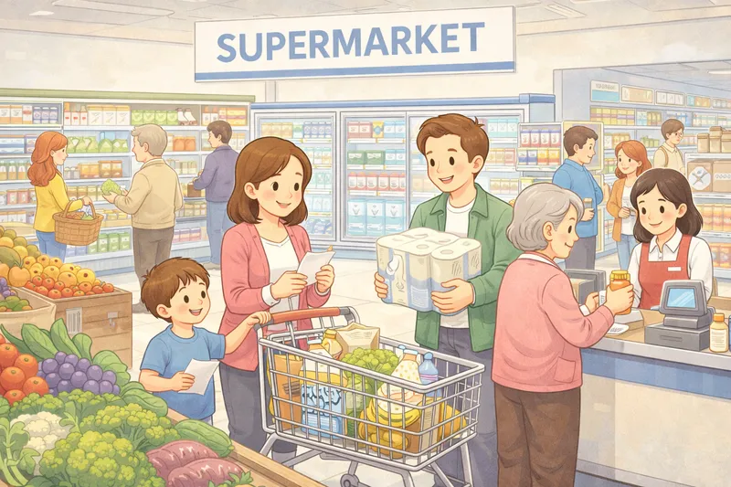 A shopper with a cart in a supermarket aisle