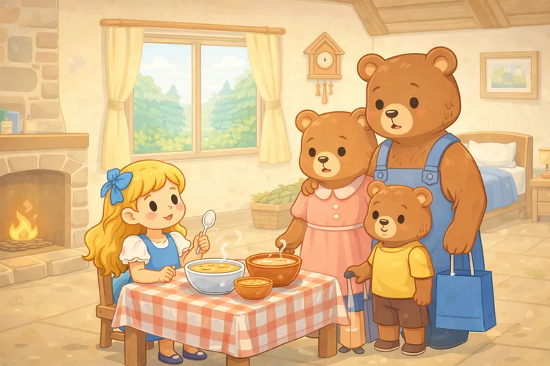 Goldilocks discovering the three bears' cottage