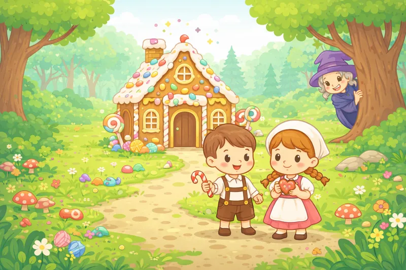 Hansel and Gretel finding the gingerbread house in the forest