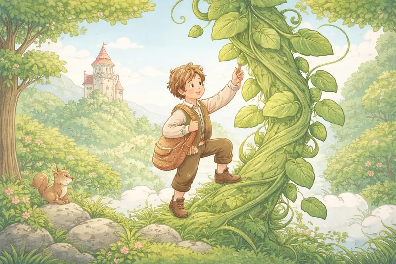 Jack climbing the giant beanstalk into the clouds