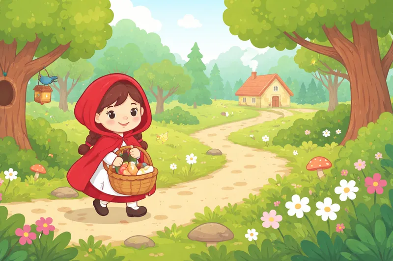 Little Red Riding Hood walking through the forest with her basket