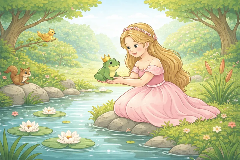 A princess meeting a frog by a golden well