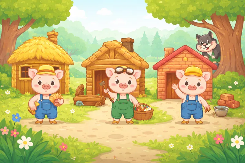 Three little pigs building their houses