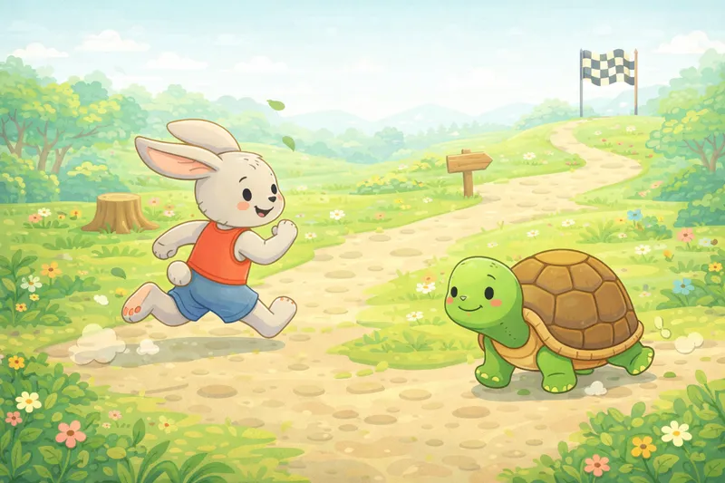 A tortoise and hare at the starting line of a race