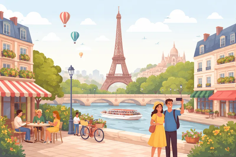 Tourists enjoying the sights of Paris with Eiffel Tower